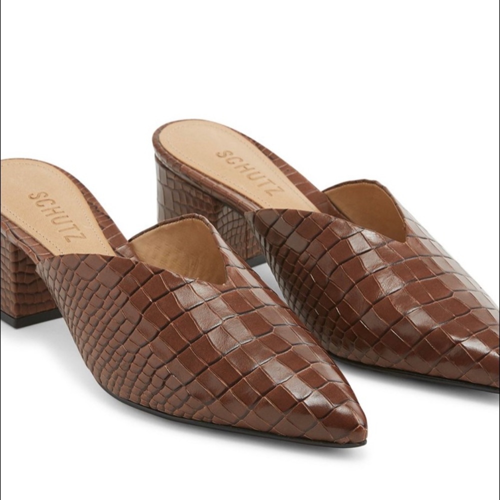 Schutz Brown Croc Leather Dauani Mule Heals